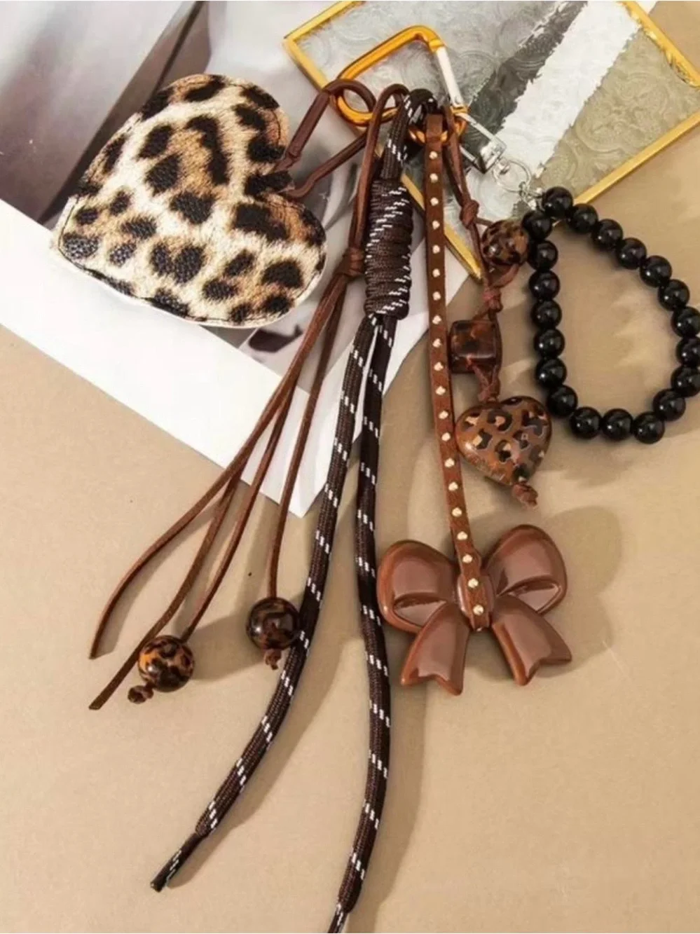 Brown Leopard Heart & Bow Bag Charm for Women Accessories
